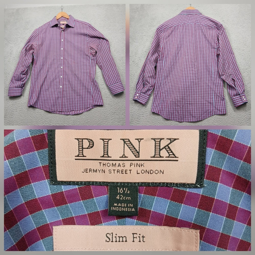 Thomas Pink Slim Fit‎ Dress Shirt Men's 16.5 Purple Blue